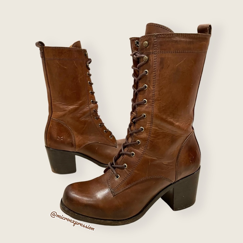 $429 Frye Kendall Lace Up Brown Genuine Leather Mid-Calf Heeled ZipUp Ankle Boot - Picture 16 of 16